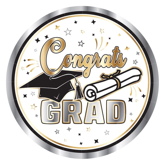 White and Silver "Congrats Grad" Graduation Plates, 7", Pack of 48