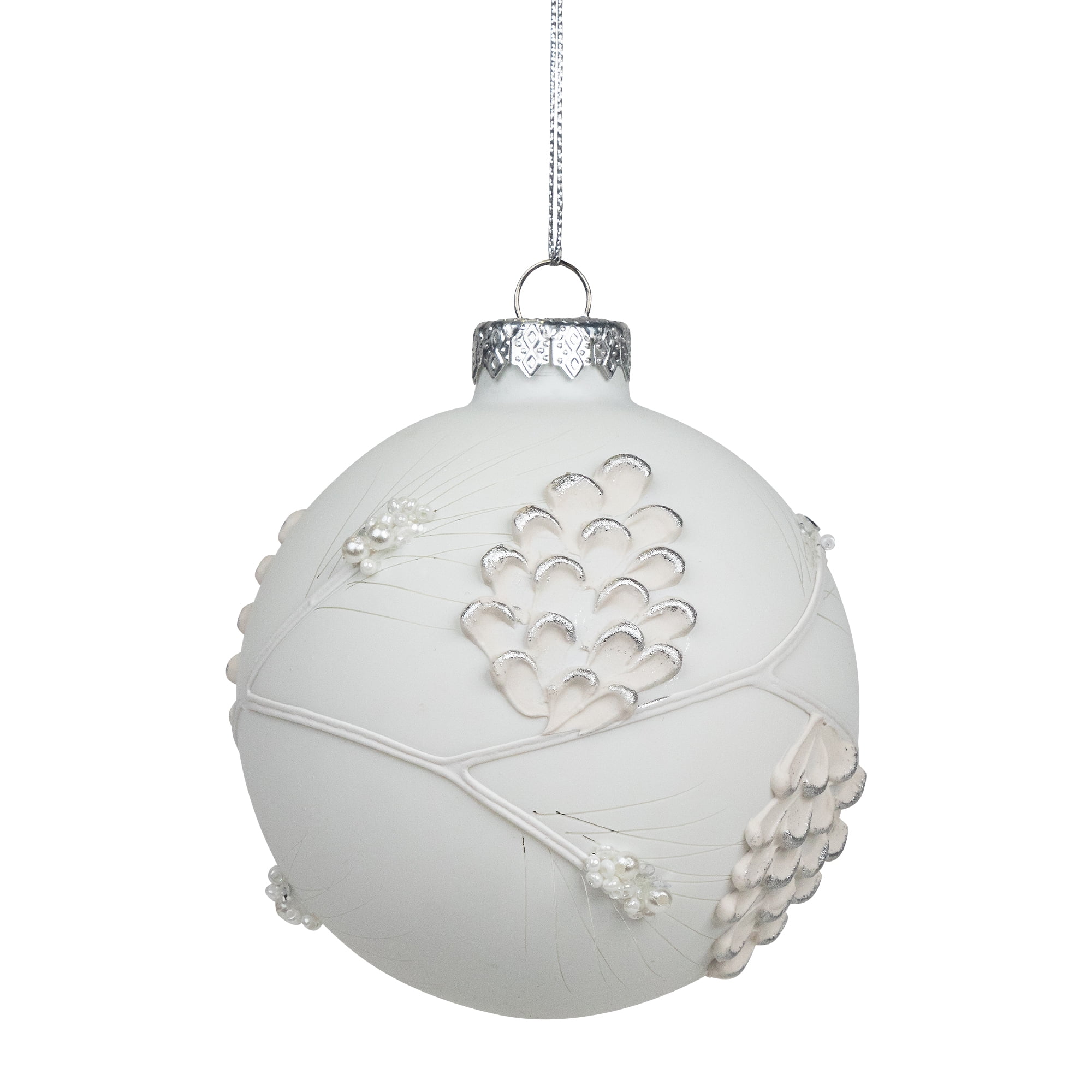 Northlight White and Silver Leaves Glass Onion Christmas Ornament - 3.5"