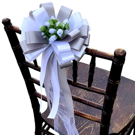 White and Silver Wedding Pull Bows with Tulle Tails and Rosebuds - 8" Wide, Set of 6, Reception