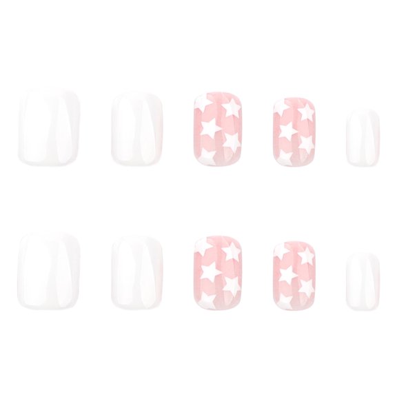 White and Soft Pink Star Pattern Press on Nails, Short Square Glossy False Nails, 24 Count