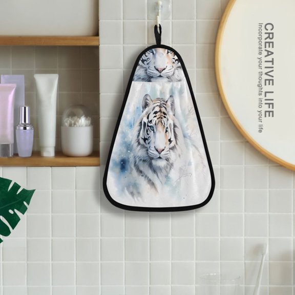 White and Tiger Hanging Towel Kitchen Hand Towel Bathroom Absorbent Towel Machine Washable Quick Dry Dishcloths