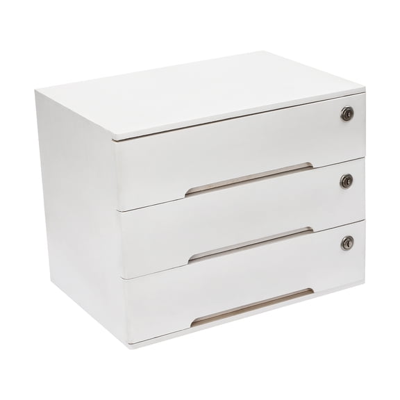 White and Walnut Wooden Desktop Storage Box, Lockable 3-Drawer Organizer for Office, Home, and Files, Modern Compact Design