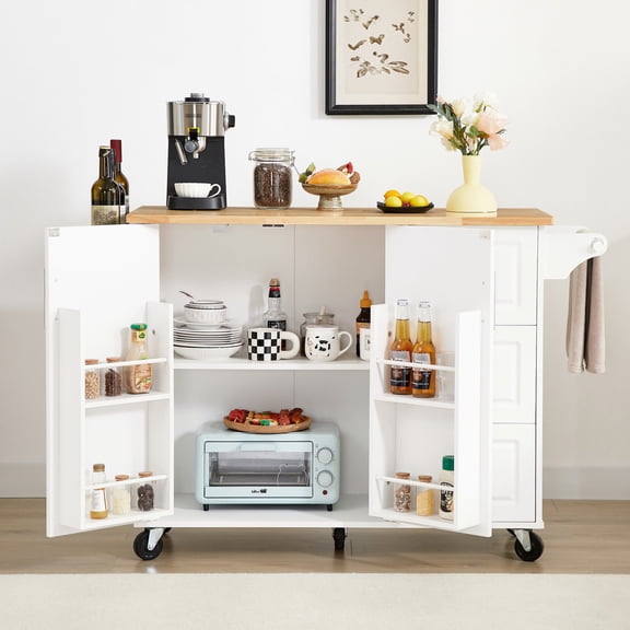 White and Wood Tone - Mobile Coffee Station Option - In Kitchen - Can Be Used as Coffee Station