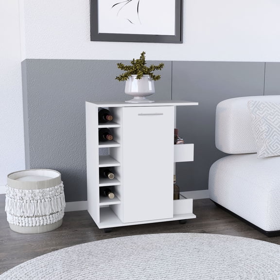 White and contemporary - Movable with locking brakes - In dining or living space - Keeps entertaining essentials organized