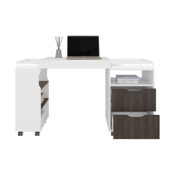 White and dark walnut extendable desk crafted from engineered wood can be a storage or desk and has durable casters
