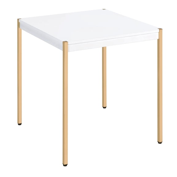 White and gold square end table for primary living space offers stability and surface for decor display