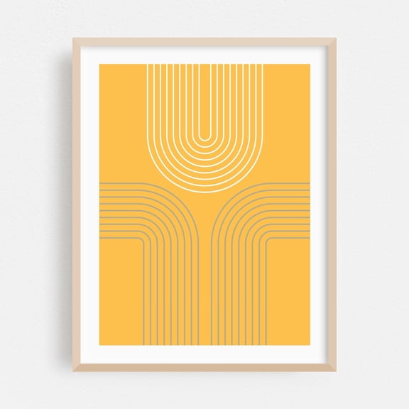 White and grey line art on yellow background - Illustration Oak Framed Wall Art Print 30 x 40 inches