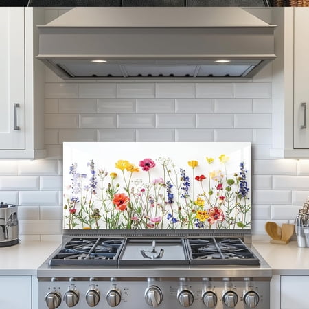 White background flowers Tempered Glass Backsplash for Kitchen,Frameless, Stove Backsplash Protector for Wall,Easy to Clean, Home Decor (30"x16")