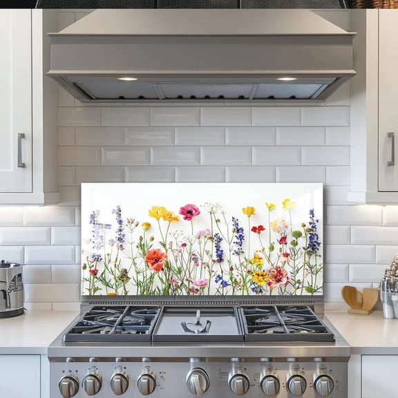 White background flowers Tempered Glass Backsplash for Kitchen,Frameless, Stove Backsplash Protector for Wall,Easy to Clean, Home Decor (30"x16")