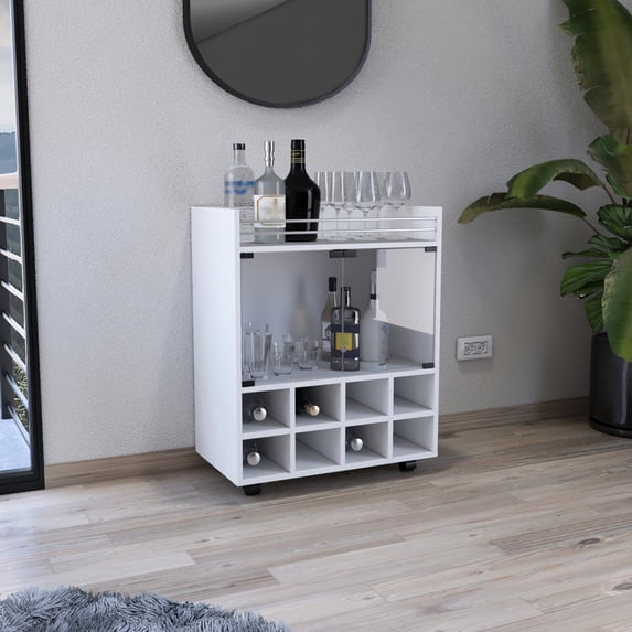 White bar cart with 8 - bottle rack double glass cabinet and smooth - rolling caster wheels for primary living space functionality