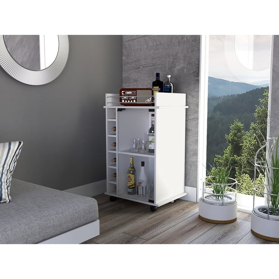 White bar cart with four casters and metal rail top | Entertain guests in style with easy mobility