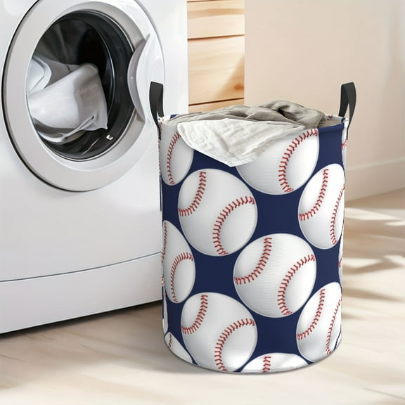 White baseball pattern thick Oxford cloth storage basket, large capacity and foldable, suitable for bedroom, bathroom, toy, clothing storage basket, storage rack basket