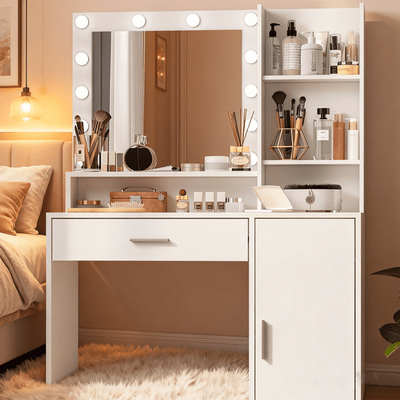 makeup vanity desk with large mirror and light, 2 drawers and 5 storage spaces, 3 adjustable light colors, suitable for makeup vanity