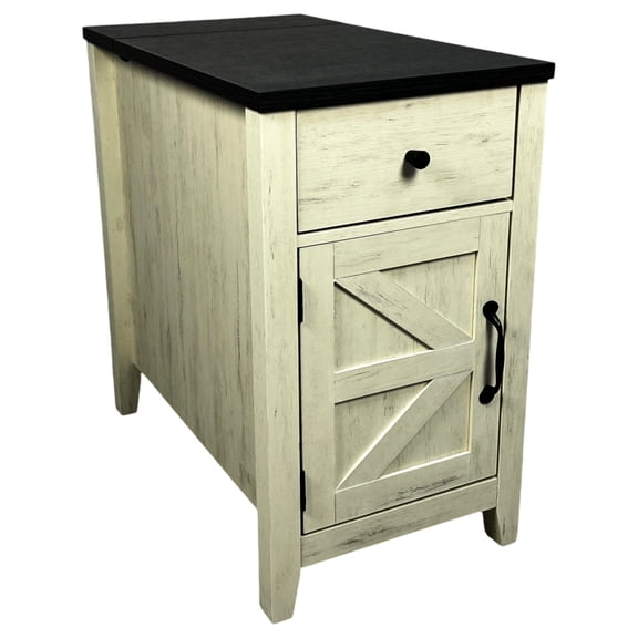 White+black Side Table With Charging Facility. Functional For Bedroom Storage Ports. Elegant And Practical