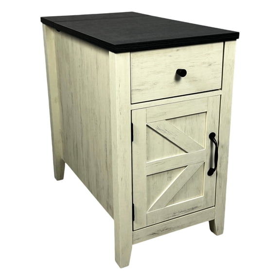 White+black bedside table with cabinet and charging / Provide a tidy space and charging solution