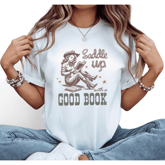 White brown Saddle Up With A Good Book Print Tshirt Graphic Tees Shirts Western Cowgirl Reading Style Casual Loose Fit Short Sleeve Tops S-5XL