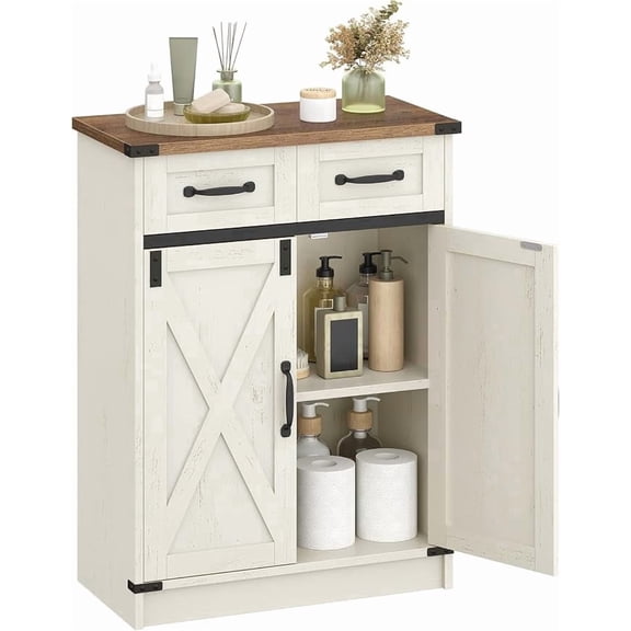 Hzuaneri 31.5" H Farmhouse Storage Cabinet, BarnDoor Wooden Organizer with Top Drawer & 2.5" Adjustable Shelf, AntiTip Particleboard Cabinet for Bathroom & MultiStyle Home Decor, White