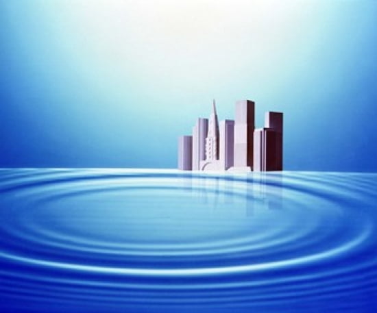 White buildings float behind large water rings bright light overhead Canvas Art - Panoramic Images (24 x 20)