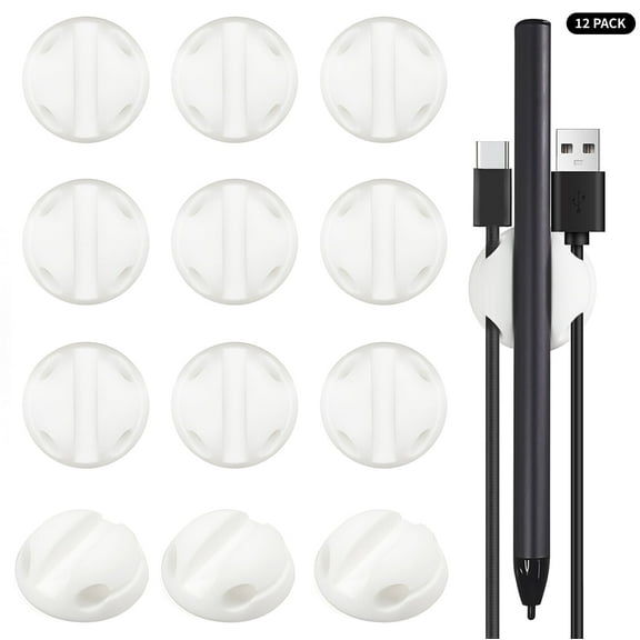 12-Pack White Silicone Cable Organizers with Adhesive Backing - Heavy Duty Cord Clips for Desk, Home & Office (Holds Cables & Pen, Durable Non-Slip Design)