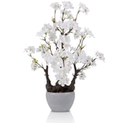Small Artificial Cherry Floral Botanical Bonsai Tree Decor 17.7 Tall White Faux Cherry Blossom Tree Potted Desk Display Bonsai Pot Decorative Artificial Floral Realistic Wood for Home Office Decor