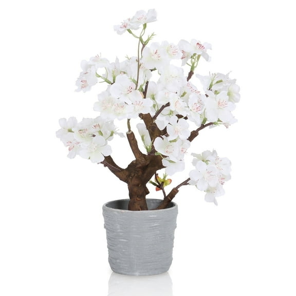 Small Artificial White Cherry Blossom Bonsai Tree Decor 12.6'' TallFaux Cherry Blossom Flowers Tree Potted Desk Display with Pot DecorativeArtificial Flowers Realistic Wood for Home Office Decor
