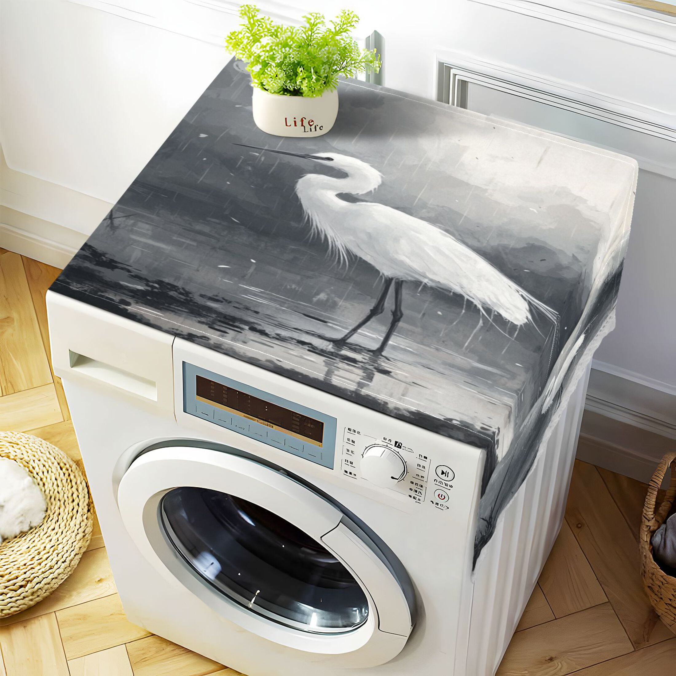 A White-cloaked BirdWasher and Dryer Covers Dust-Proof and Oil Resistant Fridge Cover with 4 Storage Pockets Washing Machine Top Cover for Laundry Kitchen Home 51.2 x 22 In