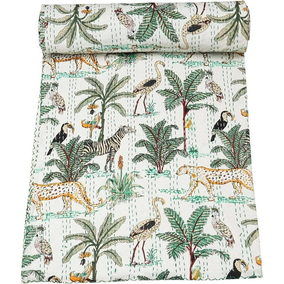 White color Indian Traditional Pure Cotton Jungle Print Kantha Quilt, Bed Cover Throw Animal Printed Kantha Quilts Multi Color Size-108"X108".