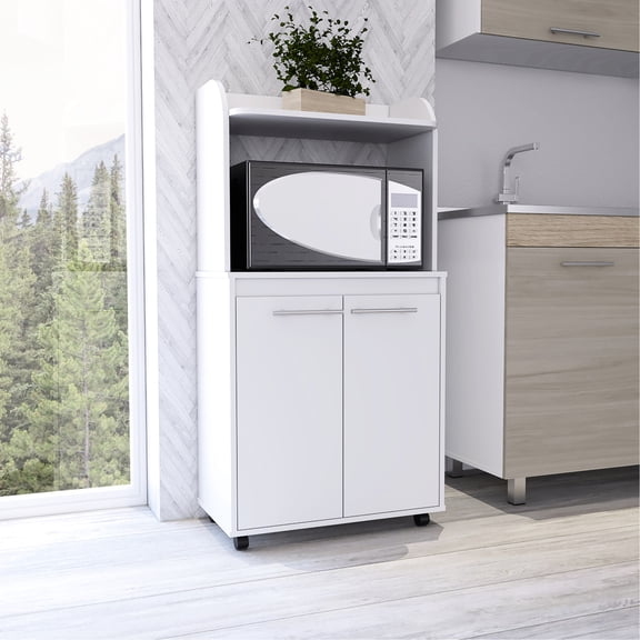 White color scheme - Microwave and general item storage - Kitchen environment - Portable kitchen storage