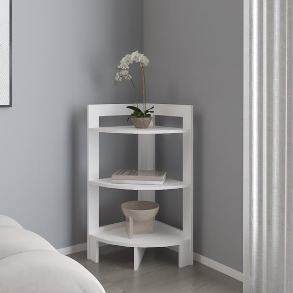 White corner table with three shelves for organizing small apartment living room