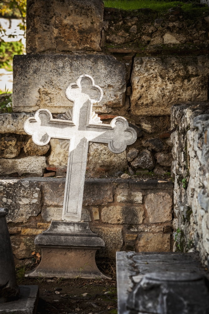 White cross and stone wall Church of the holy apostles Athens Greece Canvas Art - Reynold Mainse Design Pics (12 x 19)