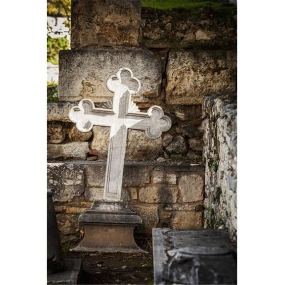 White cross and stone wall Church of the holy apostles; Athens Greece Poster Print