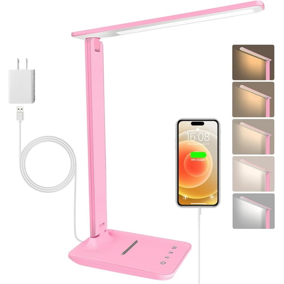 White crown LED Desk Lamp Dimmable Table Lamp Reading Lamp with USB Charging Port, 5 Lighting Modes, Sensitive Control, 30/60 Minutes Timer (White, First-Generation)