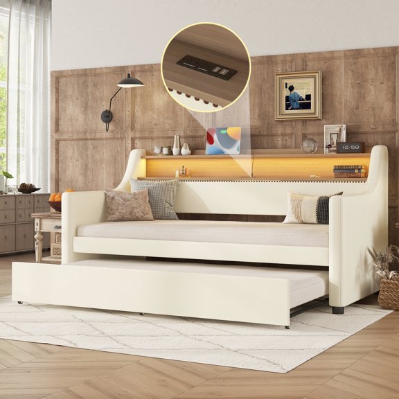 White daybed with storage and lighting | Store items and create a cozy atmosphere