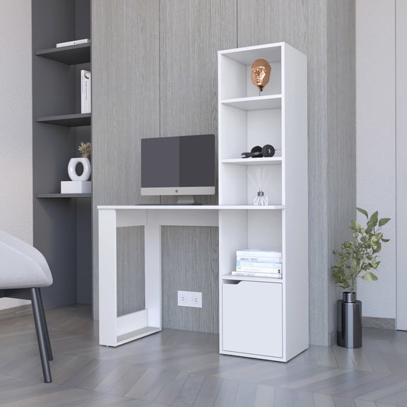 White desk of particle board with a four - tier bookcase and lower cabinet for organized storage in office and home work zones