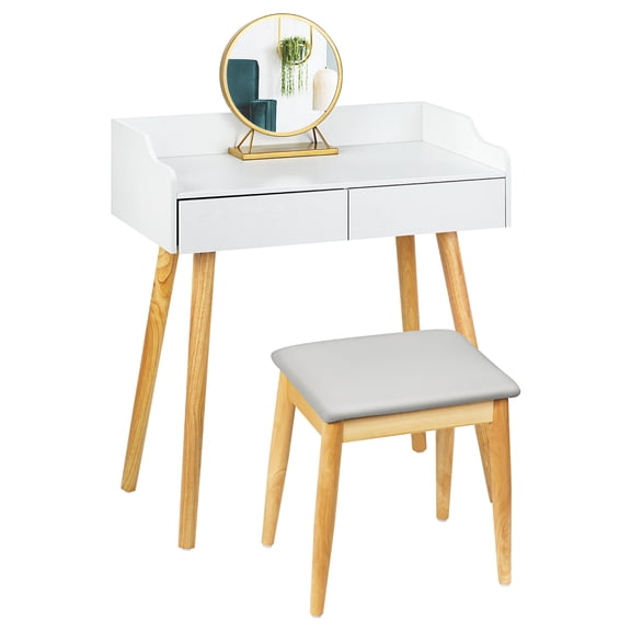 White, dressing table with mirror small vanity cabinet with 2 spacious drawers, suitable for bedrooms, powder room, writing desk