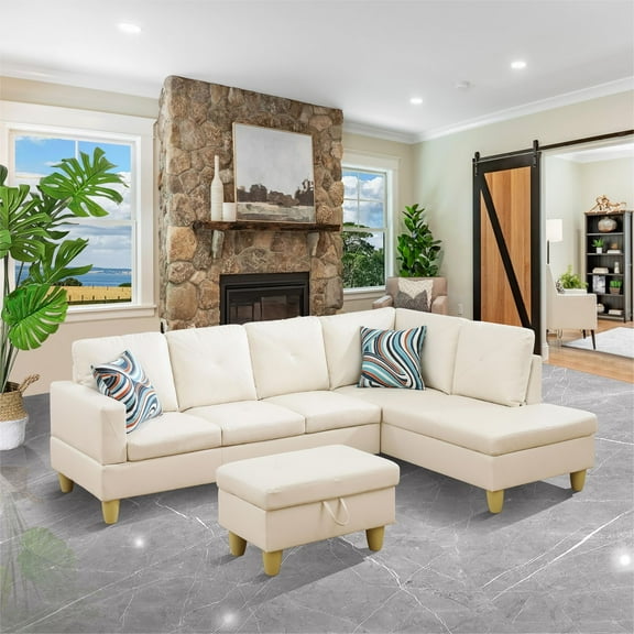 White faux leather living room sectional sofa, apartment lounge sofa and L-shaped sofa