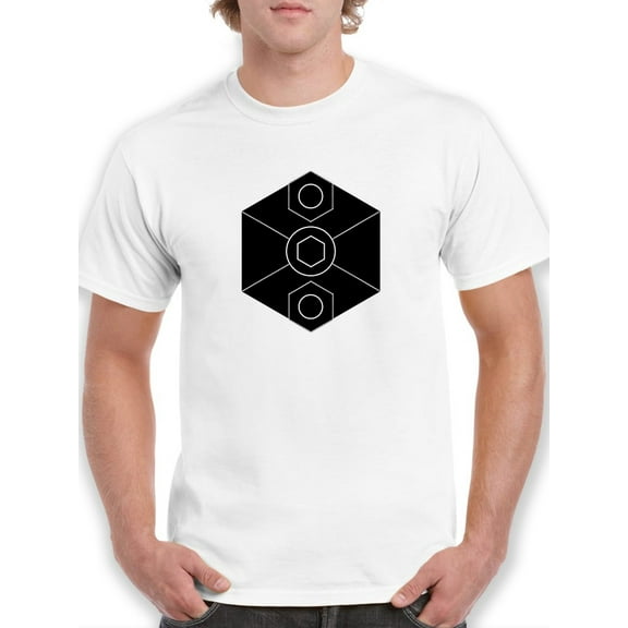 White figures inside of a black hexagon Men White T-Shirt, Male Large