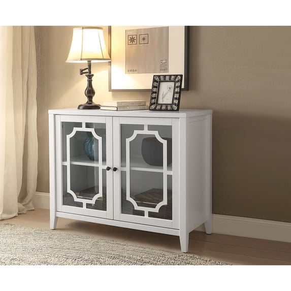 White finish rectangular console cabinet with 2 glass doors for living room decor