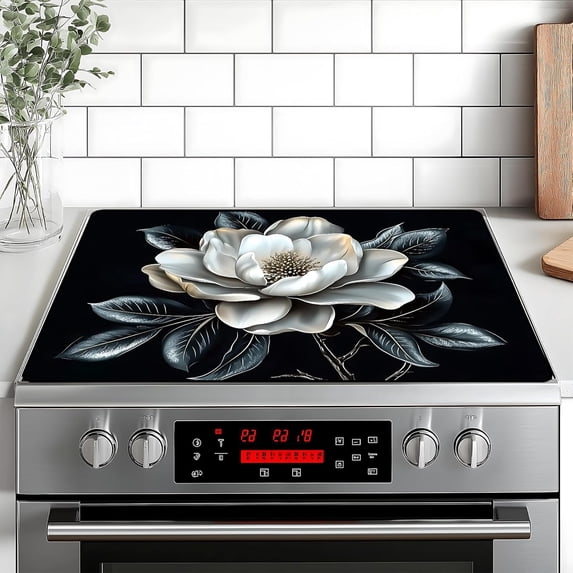 White floral Stove Top Cover for Home Decoration Kitchen Pad Non-Stick Washable Cooktop Covers Countertop Protector Keep Stove Clean 28"x20"