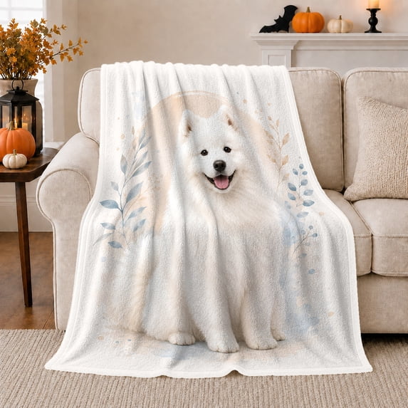 White Dog Framed By Pale Blue Leafy Sprigs, Cozy Flannel Blanket for White Dog Enthusiasts, Gentle Pastel Animal Illustration Home Decor for Bedroom and Living Room, Pet Adoption Gift
