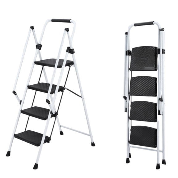 White four-step ladder, light folding four-step stool, wide anti-skid pedal and safety handle, strong steel ladder, multi-purpose ladder, applicable to family, kitchen, office elevator