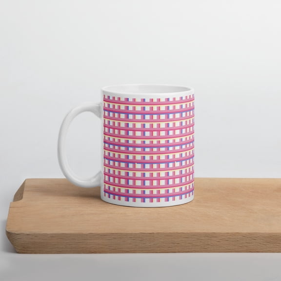 White glossy mug, 11 oz., Pink & Blue & Yellow Check, Home Decor, Ceramic Mug