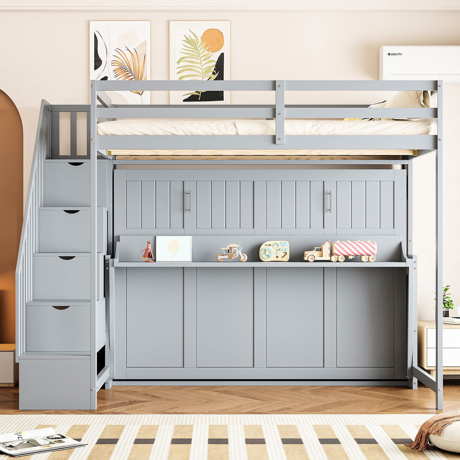White/gray full Murphy bed for multifunctional rooms features a