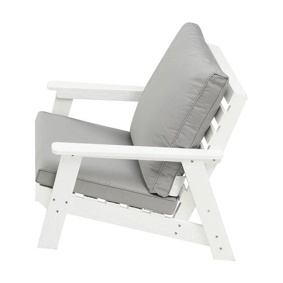 White/grey Hips Patio Armchair With Soft Cushions, Long-lasting Wood Grain Finish All-weather Poolside Armchair, White, Low Maintenance Furniture