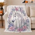 thumbnail image 1 of White horse blush floral wreath Flannel Blanket cozy watercolor equine artwork Home Decor for couch bedroom reading nook, Birthday Gift for horse lovers and moms, 1 of 9