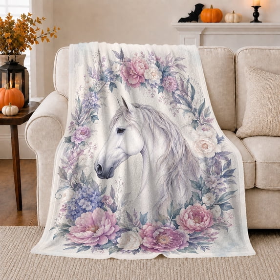 White horse blush floral wreath Flannel Blanket cozy watercolor equine artwork Home Decor for couch bedroom reading nook, Birthday Gift for horse lovers and moms