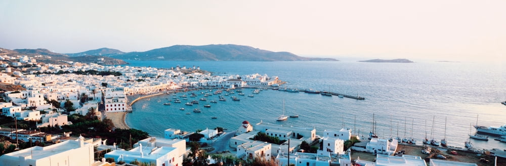 White houses & Aegean Sea Mykonos Isl Greece Canvas Art - Panoramic Images (36 x 12)