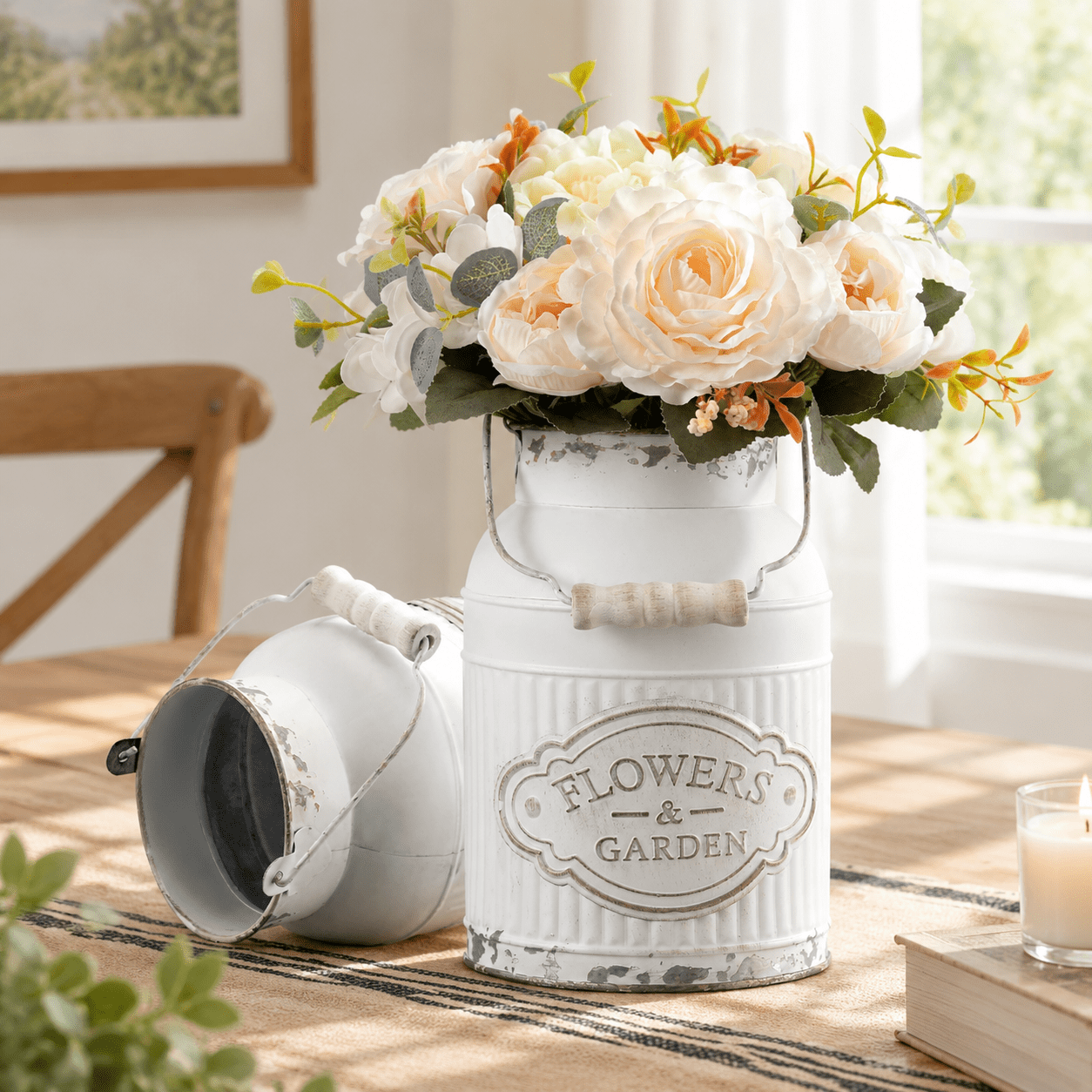 White-large Rustic Farmhouse Metal Flower Vase, Decorative Bucket Jug ...