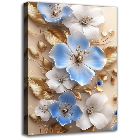 White & light Blue Floral with Golden Leaves Canvas Wall Art Print - Framed Elegant Aesthetic Art Painting For Living Room Wall Hanging For Bedroom Bathroom Room Decor for Spring/Summer (12W" X 18L")