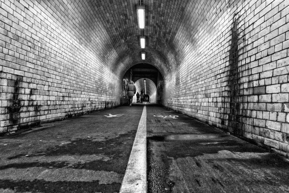 White line down the middle of a dirty worn pedestrian and cycling tunnel York Yorkshire England Canvas Art - John Short Design Pics (38 x 24)